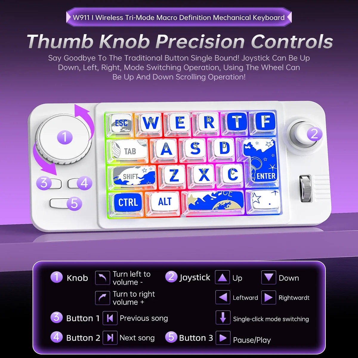 Rechargeable Mechanical Gaming Keypad - Bluetooth 2.4G Wireless & Wired Programmable Joystick Keyboard with RGB Backlit