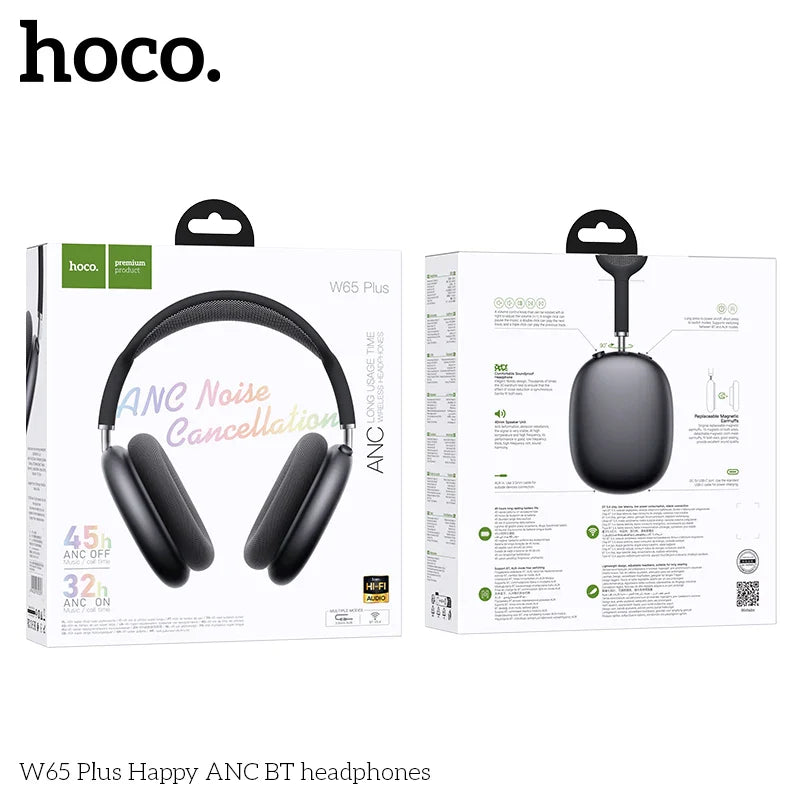 HOCO W65 Plus ANC Bluetooth Headphones – Over-Ear Wireless HiFi Sport Headset with Noise Reduction & Control Button