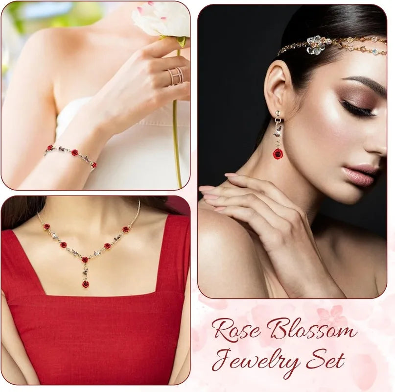 3-Piece Red Rose Jewelry Set - Flower Necklace, Bracelet & Dangle Earrings for Weddings, Valentine's Day & Birthdays