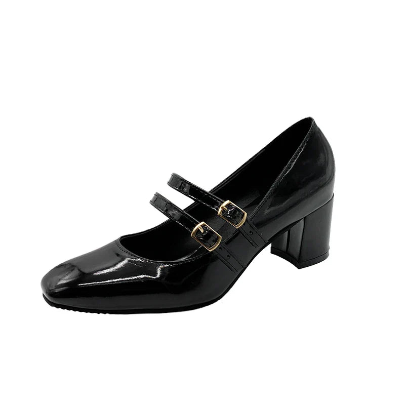 2025 Women’s Double Buckle Leather Shoes – Square Toe & Heel, Solid Color Spring & Autumn Footwear