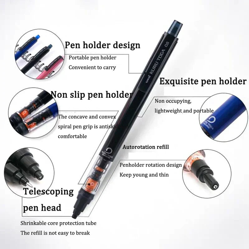 UNIStationery Automatic Mechanical Pencil — 0.5mm Anti-Slip Grip, Rotating Refillable Pen with Anti-Break Core