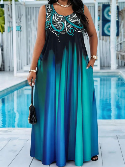 Plus Size Teal Blue Maxi Dress - Gradient Print Sleeveless Casual Sundress with Pocket