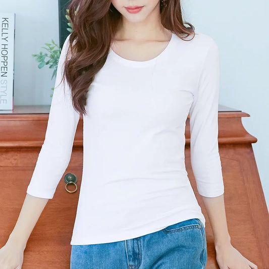 3/4 Sleeve Women’s Cotton T-Shirt - Slim Fit O Neck Casual Spring Summer Top, Stretch Base Shirt in White & Black