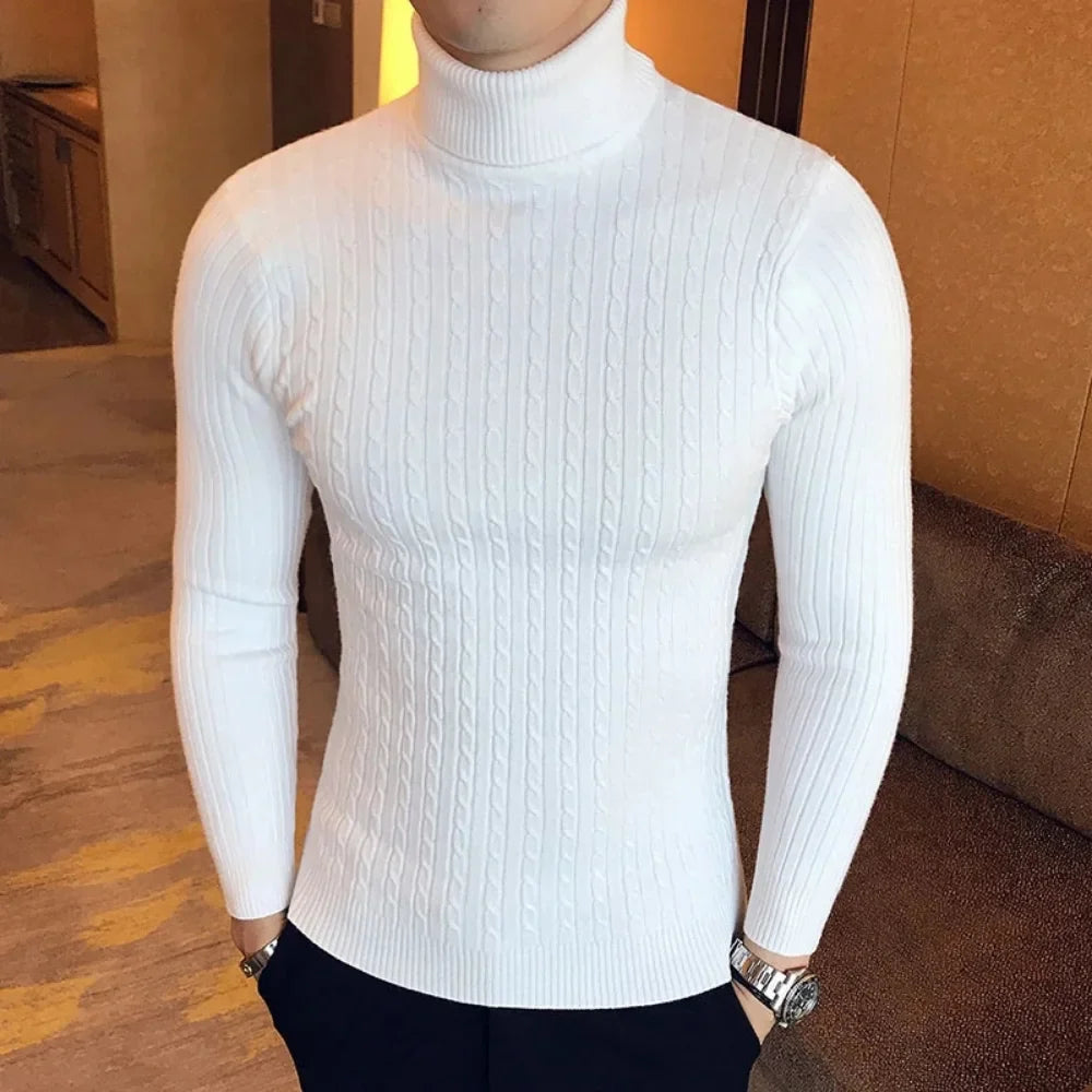 Men's Autumn Winter Turtleneck Pullover - Warm Solid Color Slim Fit Knitted Sweater and Bottoming Shirt