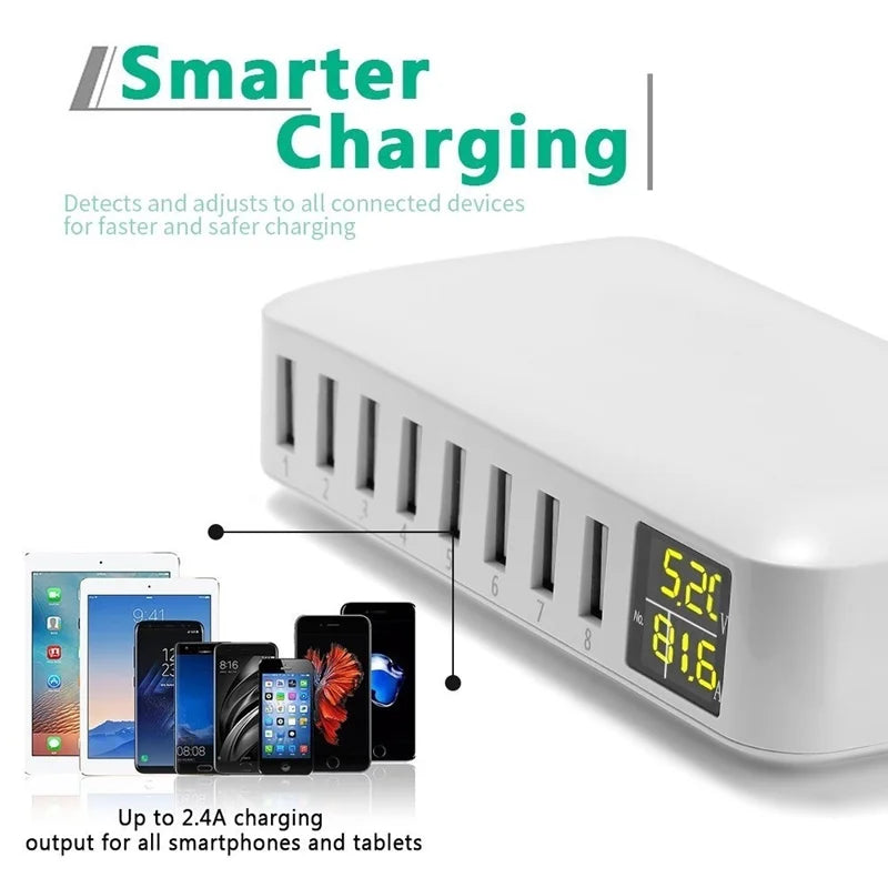 8-Port USB Fast Charging Station - Desktop Charger Hub with LCD Display for iPhone, Samsung & Xiaomi