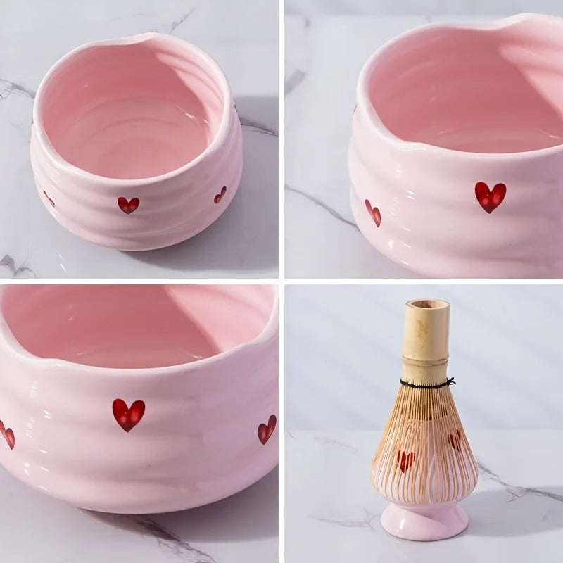 5PCS Pink Heart Matcha Set - Ceramic Tea Bowl with Bamboo Whisk, Scoop, Sifter & Holder