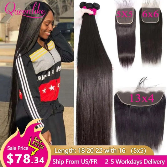 Queenlike Straight Human Hair Bundles With Lace Closure - Brazilian Weave 30 40 Inch 5x5 6x6 13x4 Frontal Hair Extensions