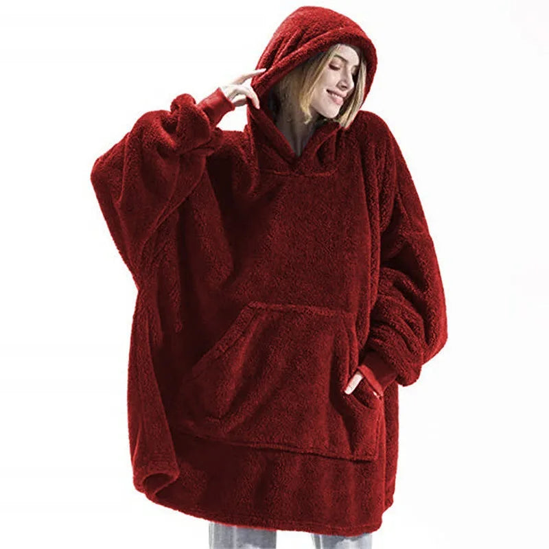 Women’s Winter Hooded Fleece Jacket – Thick, Warm, Solid Color Pullover with Pockets, Elegant Unisex Long Hoodie for Home Wear