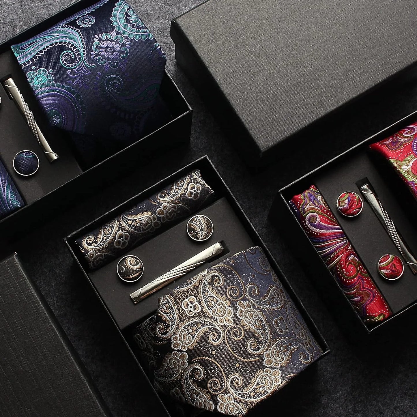 100% Silk Paisley Floral Necktie Set for Men - Premium Business Tie with Pocket Square Tie Clip Cufflinks Gift Box