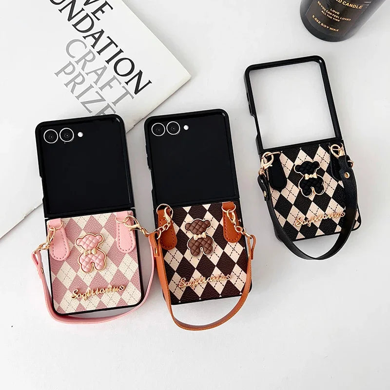 Unique Bear Diamond Pattern Premium Leather Phone Case for Samsung Galaxy Z Flip 7 / 6 / 5 / 4 – Anti-Drop Strap Wrist Protective Foldable Cover