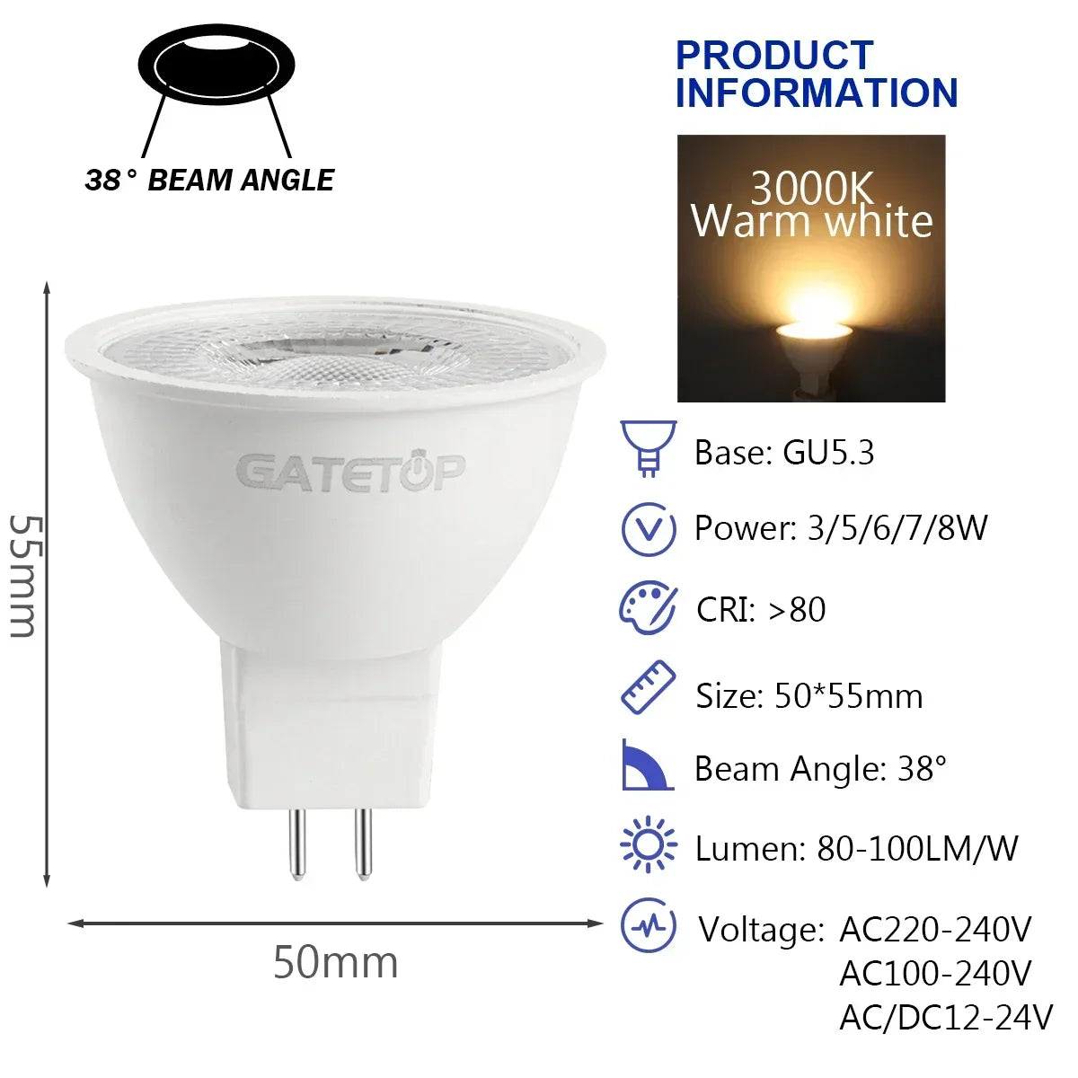 10PCS MR16 GU5.3 LED Bulb – Full Voltage AC/DC 12V–220V Spotlight, Flicker-Free White Light for Home, Study & Indoor Lighting
