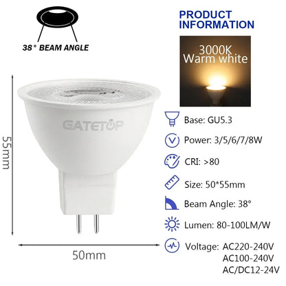 10PCS MR16 GU5.3 LED Bulb – Full Voltage AC/DC 12V–220V Spotlight, Flicker-Free White Light for Home, Study & Indoor Lighting