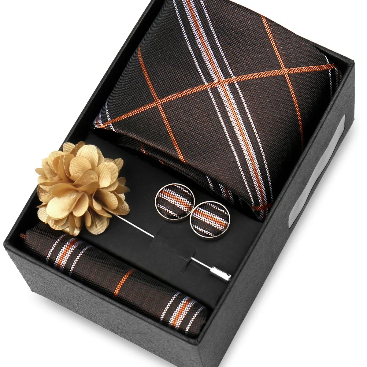 Elegant Men’s Necktie Gift Set - Fashion Tie with Handkerchief, Cufflinks & Brooch Pin Accessories for Business & Wedding