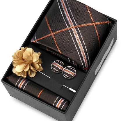 Elegant Men’s Necktie Gift Set - Fashion Tie with Handkerchief, Cufflinks & Brooch Pin Accessories for Business & Wedding