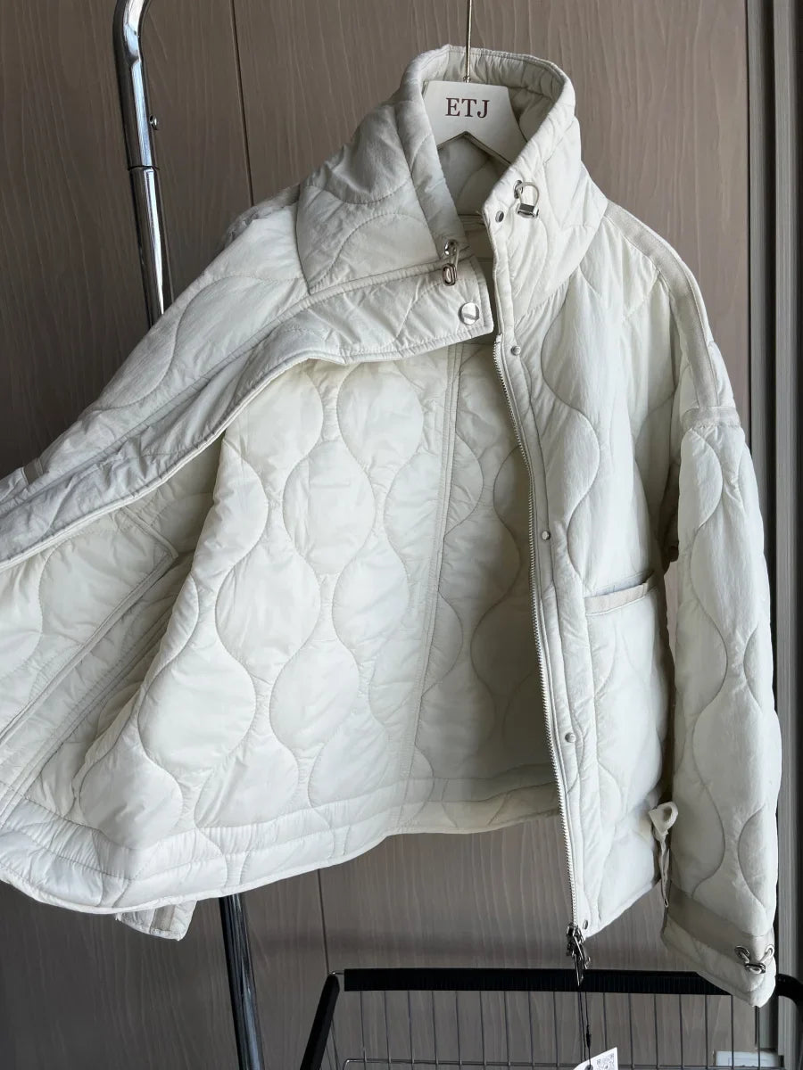 2024 ETJ Quilted Women's Coat – Beige Drawstring High Neck Jacket with Ties & Pockets