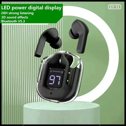 T2 Wireless Bluetooth Earphones - Transparent HiFi Stereo Headphones with LED Power Display