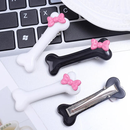 Kawaii Bow Dog Bone Hair Clips – Cute Black & White Bone Hairpins for Girls, Duckbill Barrettes Accessories