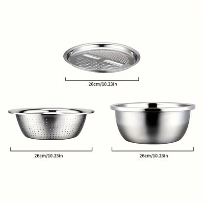 3-Piece Stainless Steel Strainer & Mixing Bowl Set – Multifunctional Fruit & Vegetable Washer and Slicer