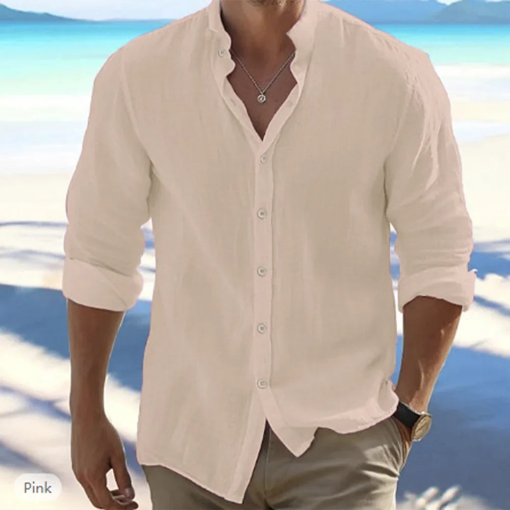 Men's Cotton Linen Long Sleeve Shirt - Solid Color Stand Collar Casual Beach Style Plus Size Summer Top