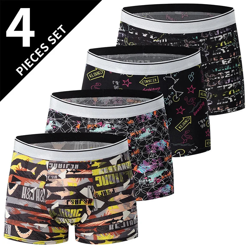 4-Piece Men's Fashion Boxer Shorts – European & American Size, Comfortable & Breathable Plus Size with Elastic Waist