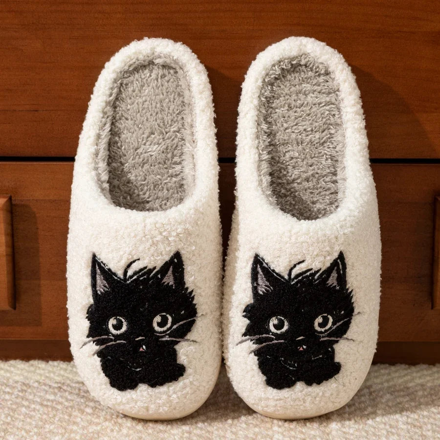 Women’s Cartoon Black Cat Slippers - Winter Indoor Bedroom Shoes with Soft Anti-Slip Comfort Sole