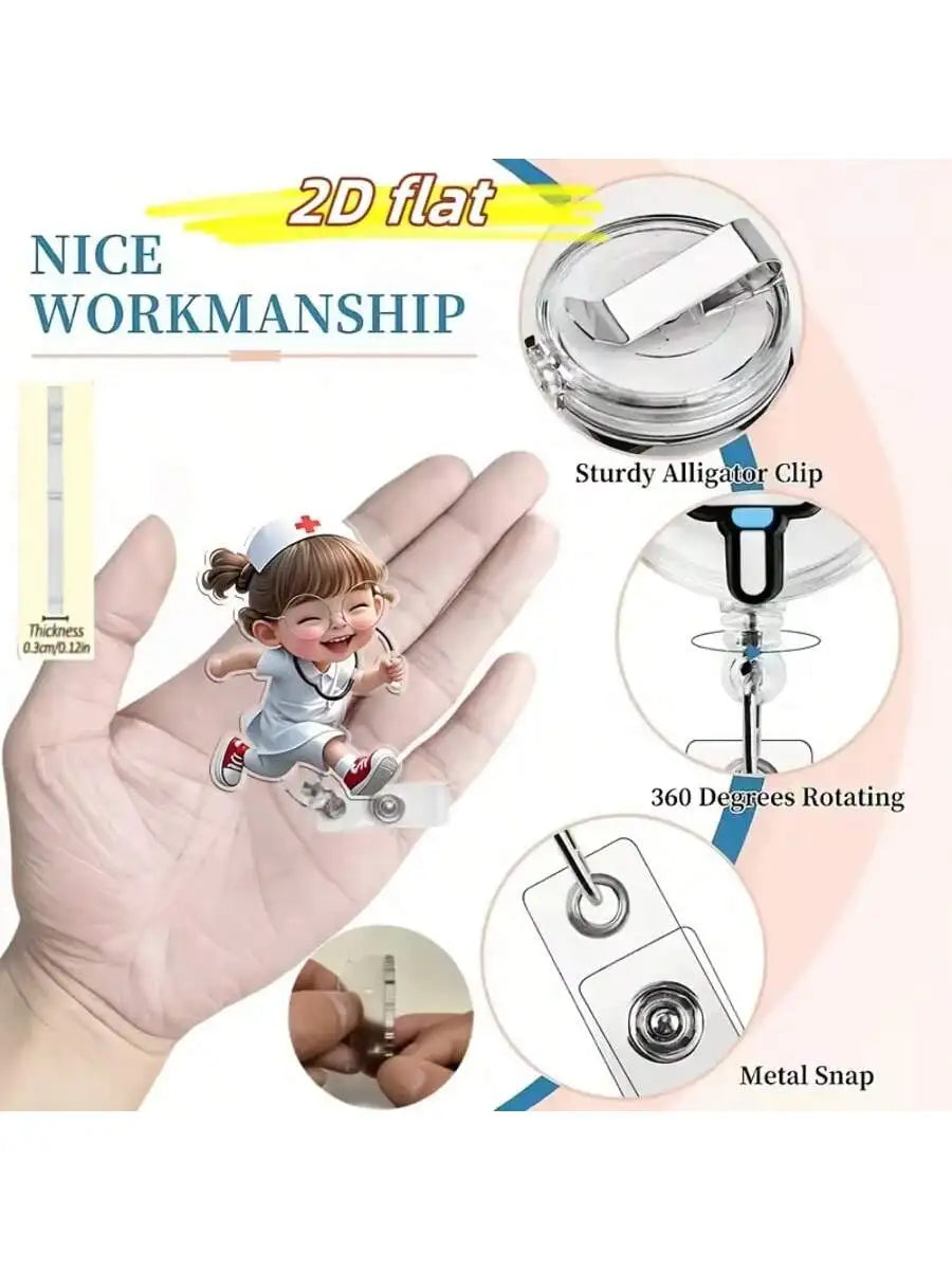 Cute Nurse Retractable Badge Holder - Acrylic Medical ID Clip Reel for Doctors, RN & LPN Staff