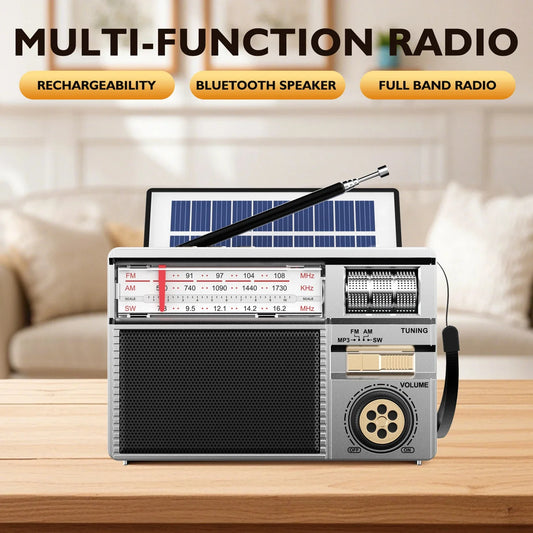 Retro All-Band Portable Radio – Wireless Audio, Solar & Multi-Mode Charging, Long Battery Life Outdoor Emergency Radio with Multiple Playback Modes