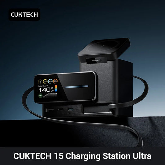 CUKTECH 15 Charging Station - 140W GaN USB-C Fast Charger with Retractable Cable TFT Display Wireless Charging for Xiaomi iPhone MacBook Laptop