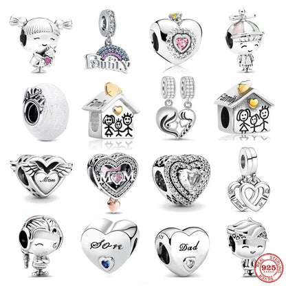 Europe 925 Silver Family Charm Pendant - Boy, Girl, Mom & Sisters Bead for Pandora Bracelet, Sparkling Dangle Jewelry