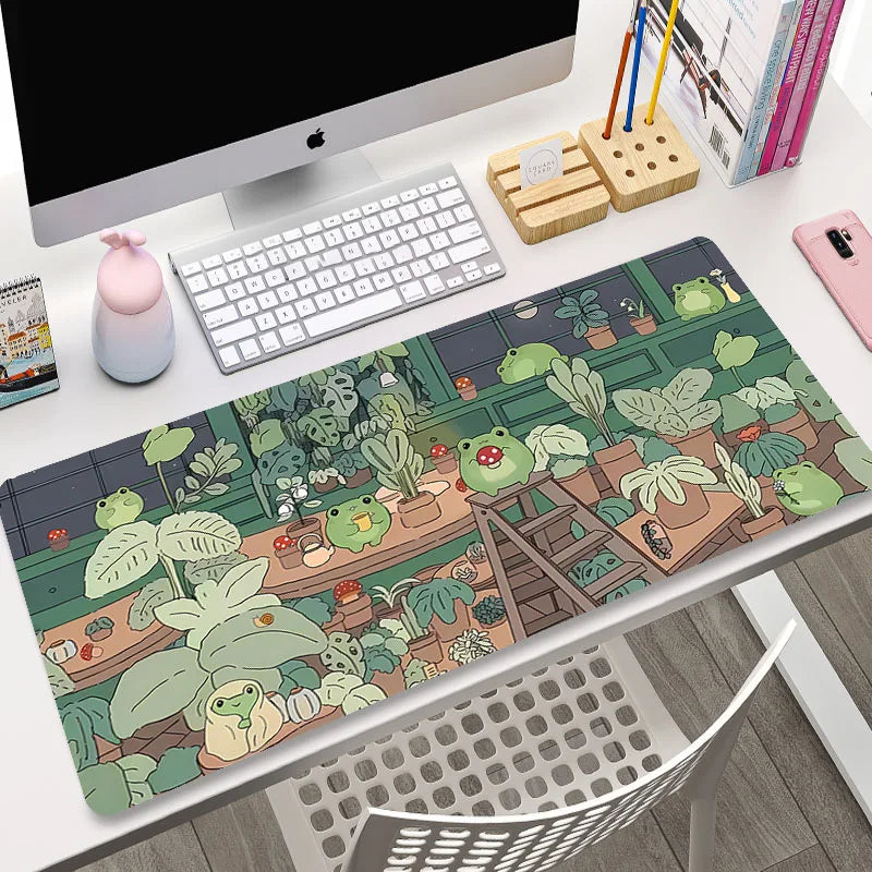 Cute Cat Gaming Mouse Pad - XL Green Plant Design XXL Desk Mat for Keyboard Computer Laptop Gamer Setup