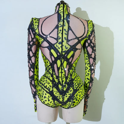 Sexy Sparkly Green Rhinestone Bodysuit – Stage Dance Costume for Party, Bar Show, Drag Queen, Cosplay & Halloween