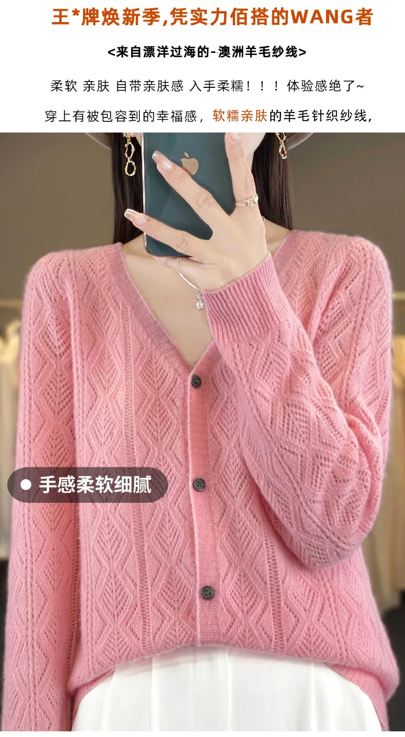 Women's 100% Wool Cashmere Cardigan – V-Neck, Super Soft, Loose Fit, Long Sleeve Knit Sweater
