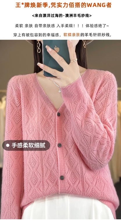 Women's 100% Wool Cashmere Cardigan – V-Neck, Super Soft, Loose Fit, Long Sleeve Knit Sweater