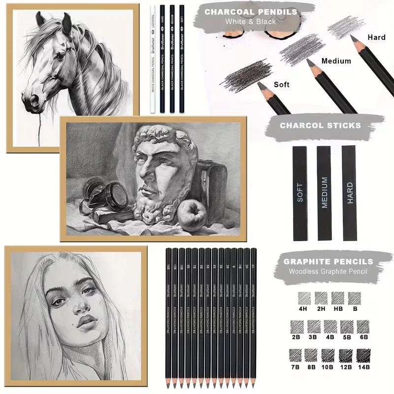Brutfuner Professional Drawing Pencil Set - 18/29pcs Artist Sketching Kit with Charcoal, Eraser & Sharpener
