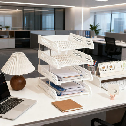 4-Tier File Tray Organizer - Detachable Multi-Layer Document Rack with Hollow Compartments