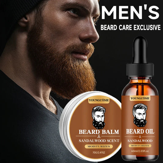 Organic Beard Growth Oil & Sandalwood Balm Grooming Kit (1/2/4 Set) – 24H Nourishing Beard Care with Argan Oil & Vitamin E, Anti-Flake Moisturizer for Men