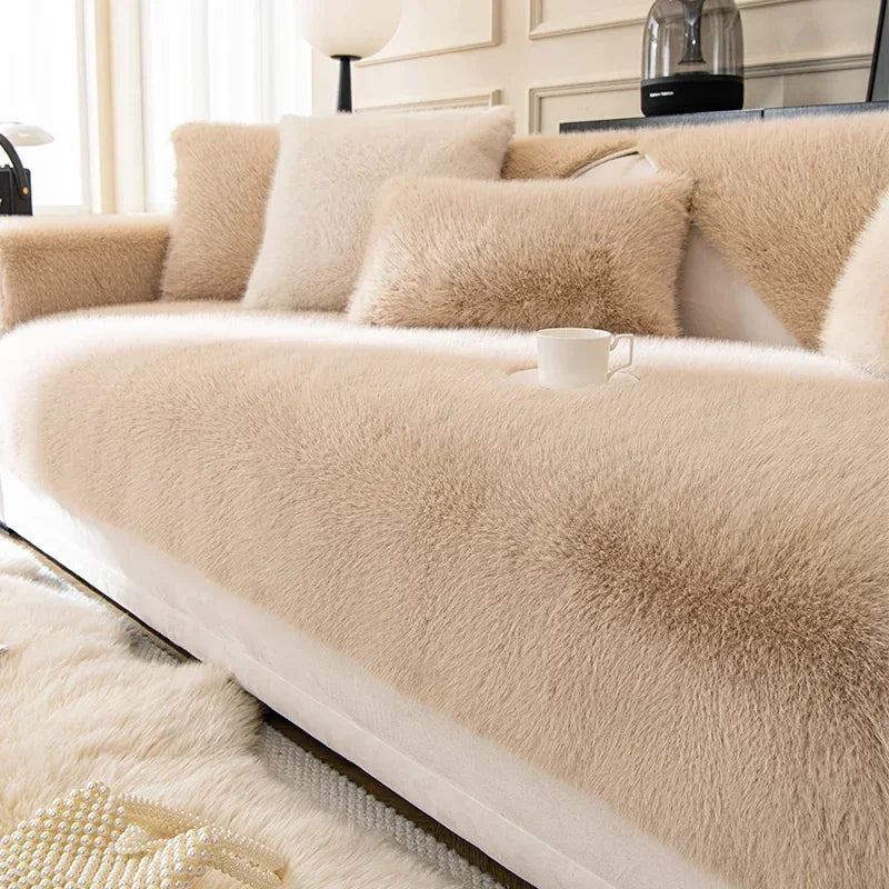 Rabbit Plush Sofa Seat Cover – Warm Non-Slip L-Shaped Couch Blanket & Cushion Slipcover for Living Room