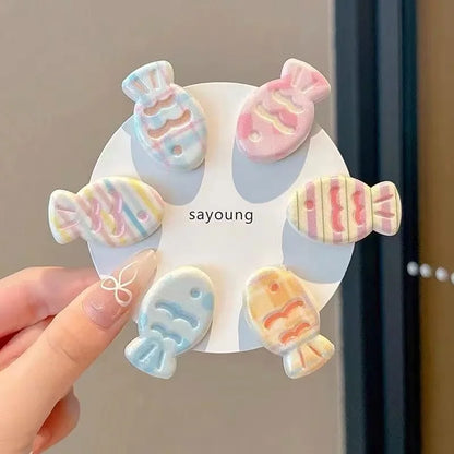 6PCS Cute Candy Color Fish Hair Clips - Soft Cartoon Side Hairpins with Fresh Stripe Design for Girls & Women