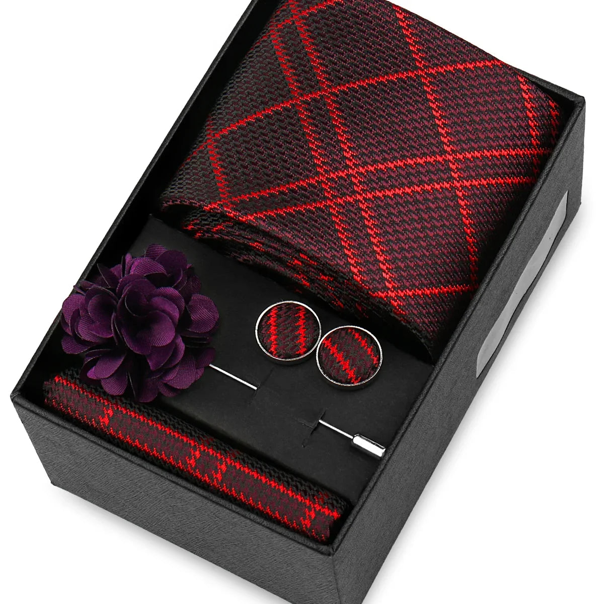 Elegant Men’s Necktie Gift Set - Fashion Tie with Handkerchief, Cufflinks & Brooch Pin Accessories for Business & Wedding