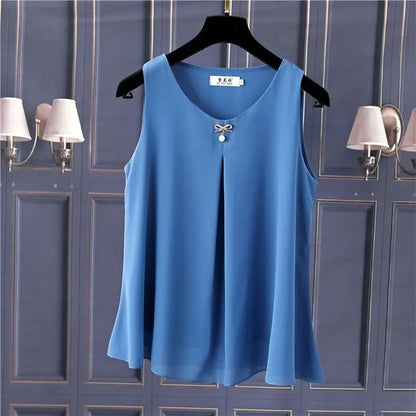 Women's Chiffon V Neck Blouse - Loose Sleeveless Plus Size Fashion Top M-5XL