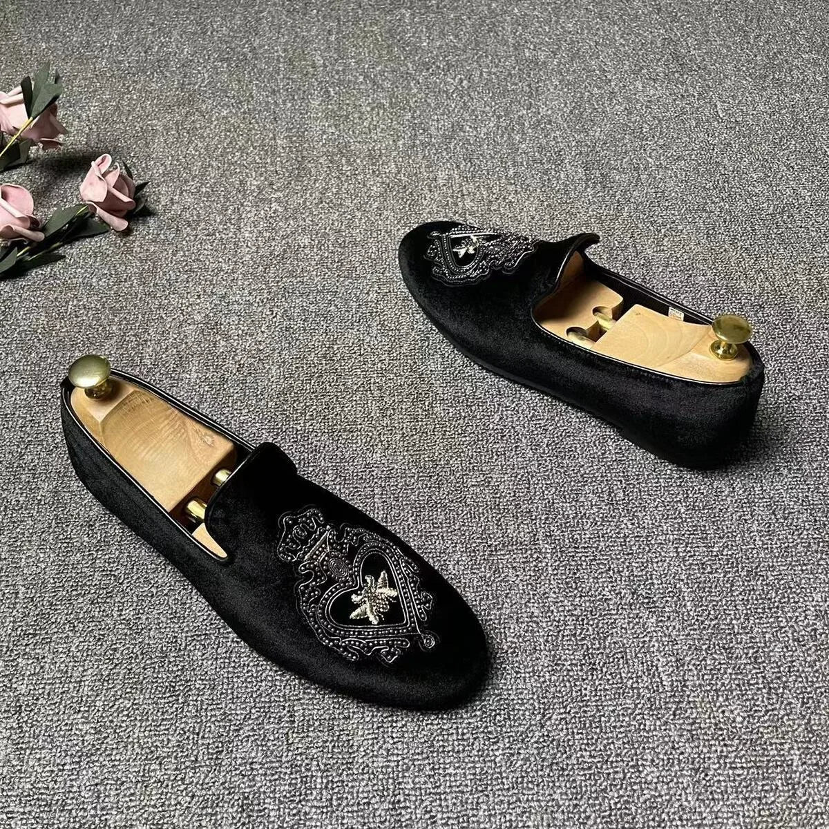 Men’s Luxury Embroidered Loafers - Black Wedding Tuxedo, Business & Formal Dress Shoes