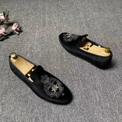 Men’s Luxury Embroidered Loafers - Black Wedding Tuxedo, Business & Formal Dress Shoes
