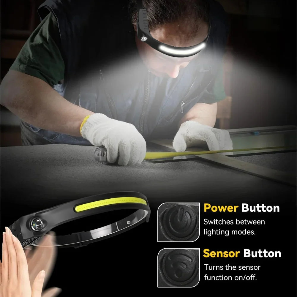 USB Rechargeable LED Sensor Headlamp - XPE + COB Head Torch Flashlight for Camping, Fishing & Outdoor Search Lighting