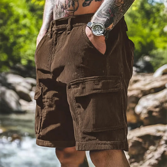 Men’s Corduroy Casual Shorts - Multi Pocket Loose Fit Safari Style Knee Length Summer Shorts