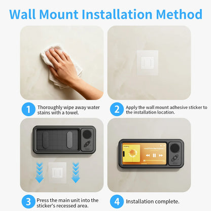 Waterproof Shower Phone Holder with Bluetooth Speaker – Wall Mounted Bathroom Phone Case Stand for Mirror & Hands-Free Music Streaming