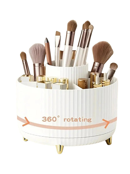 360° Rotating Makeup Organizer - 5 Compartment Plastic Cosmetic Holder for Brushes & Beauty Storage
