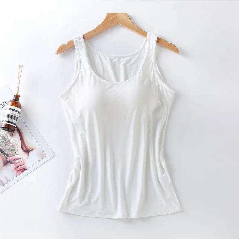 Women’s Built-In Bra Tank Top - Solid Color Padded Slim Fit Vest Shirt for Casual, Sexy & Everyday Wear