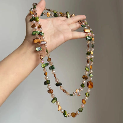 Bohemian Natural Stone Necklace - Handmade Double Layer Crystal Bead Long Chain Jewelry Gift for Women