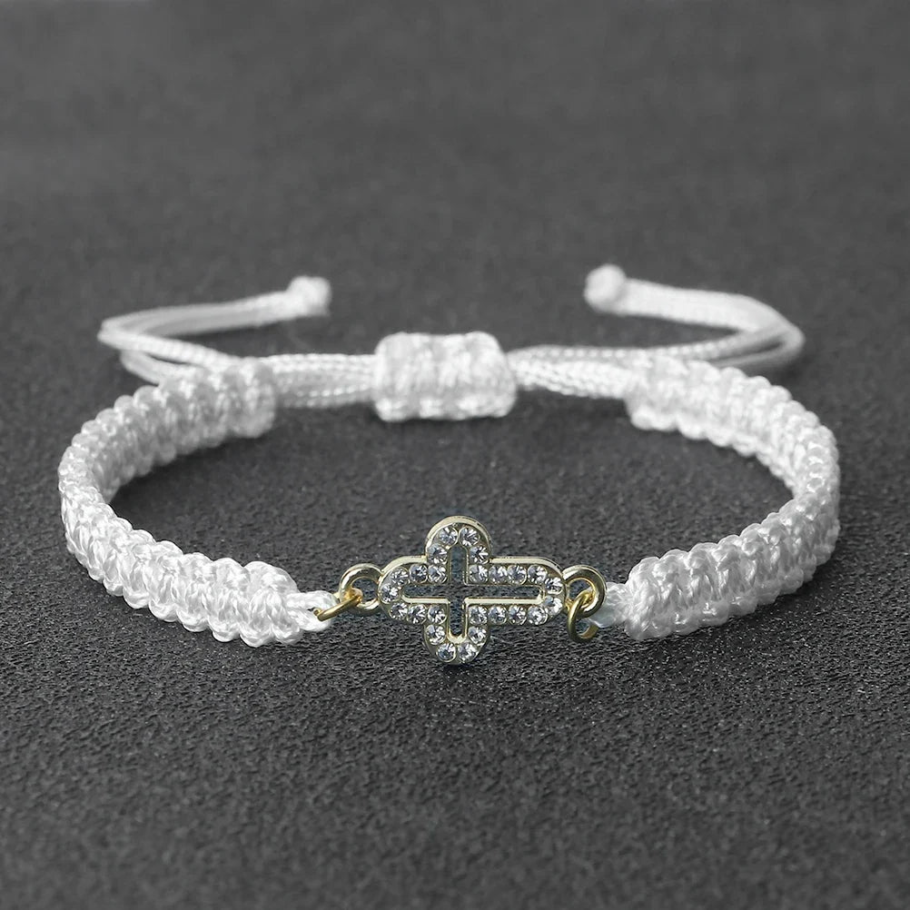 Crystal Hollow Cross Bracelet - Braided Prayer Healing Bangle Jewelry Gift for Women & Yoga Lovers
