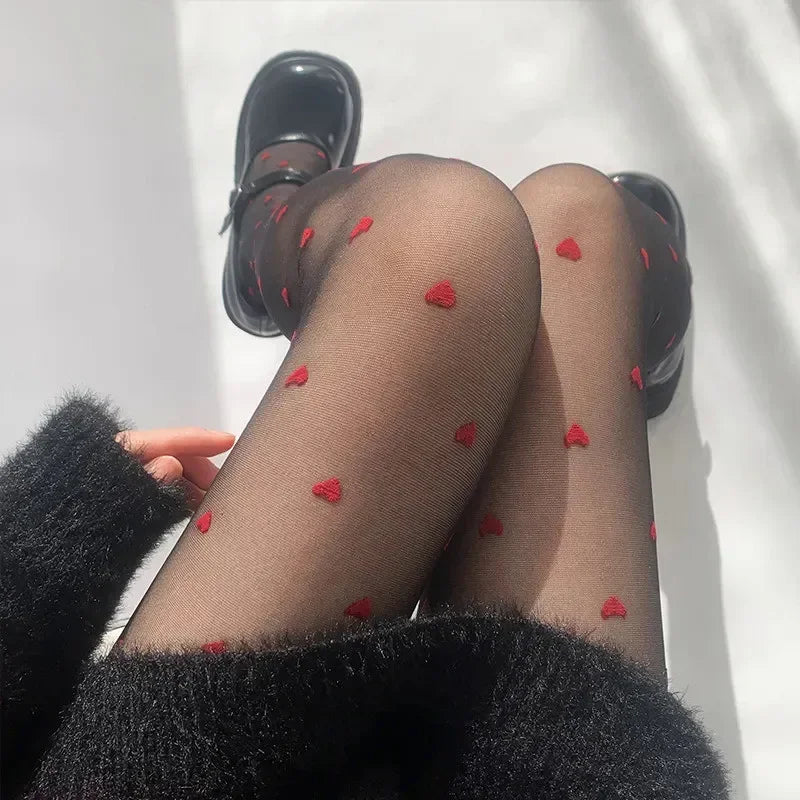 Red Heart Print Silk Stockings — Sexy Nylon Tights for Women, Girls’ Christmas Gift & Nightclub Hosiery